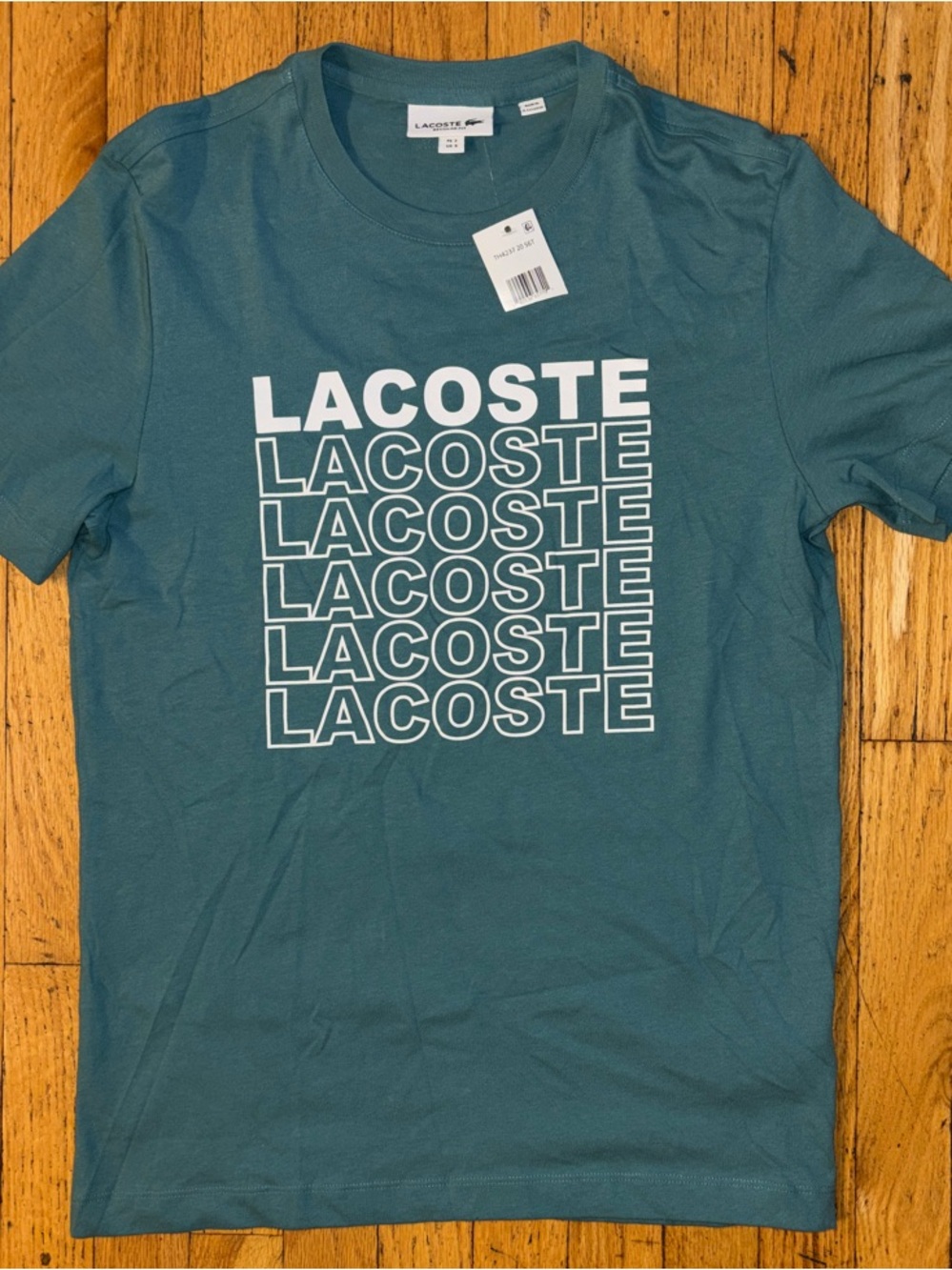 Lacoste NWT Teal Green Stacked Graphic Logo Crew Neck T-Shirt - Small